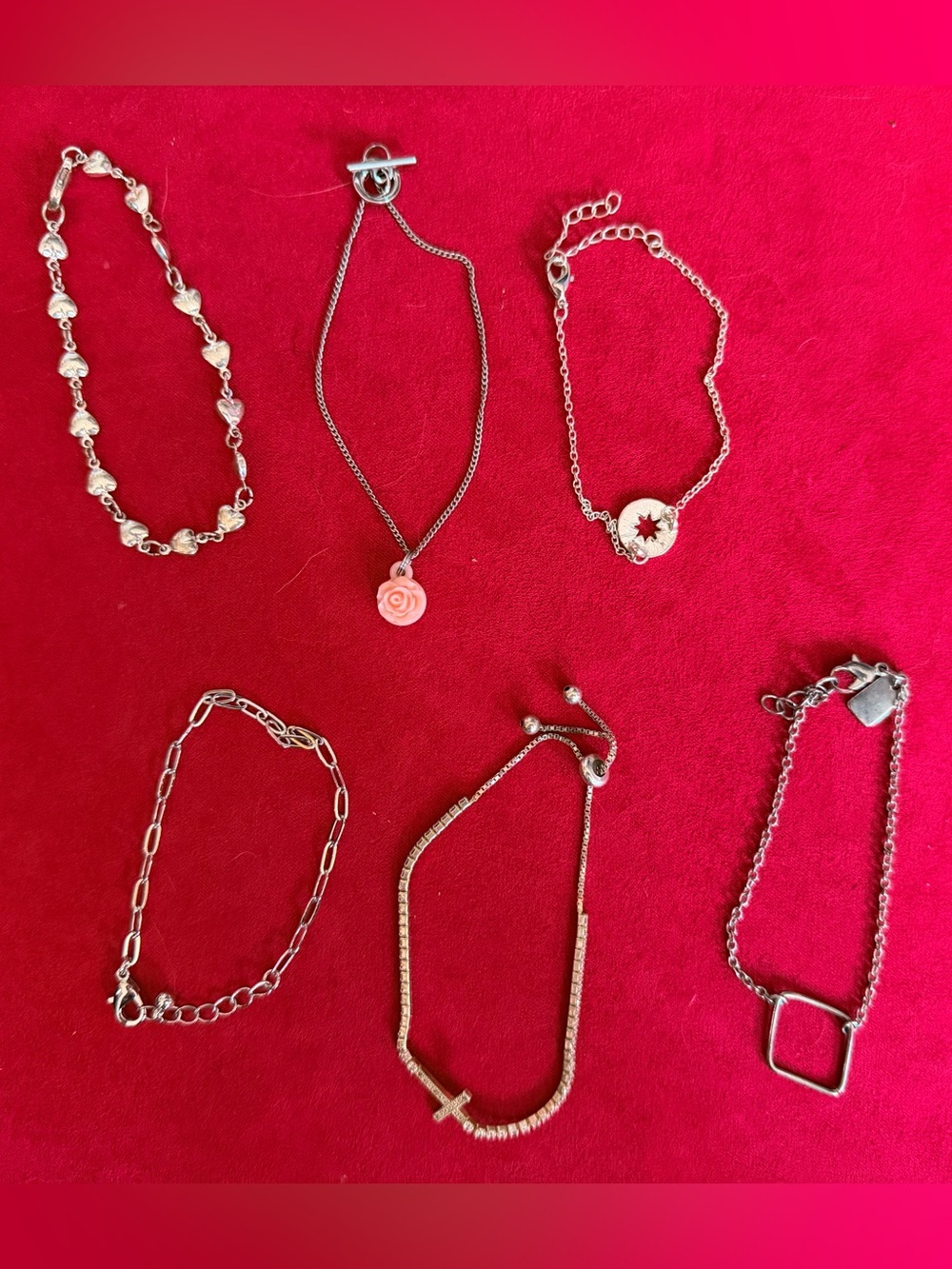 Silver-Tone Bracelet Lot Pink Rose, Heart and Cross Charm - 6 Woman’s Bracelets